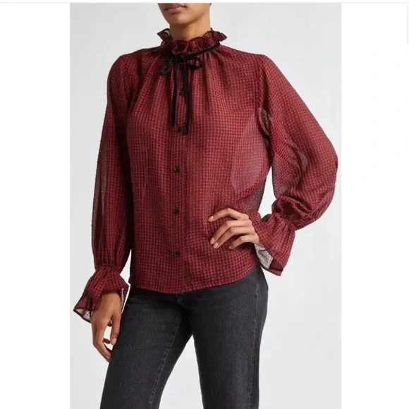 Ganni Red & Black Check Seersucker Tie Neck Shirt ♥️ - Picture 5 of 15